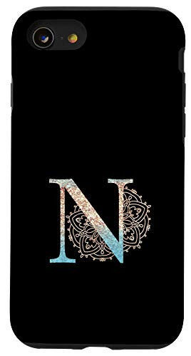 iPhone SE -2020- - 7 - 8 Teal Blue Mandala with Letter N Monogram Initial on Black Case