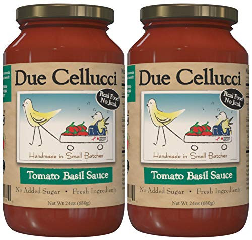 Due Cellucci Tomato Sauce - Tomato Basil - No Sugar Added - Fresh Ingredients - Gluten Free - Vegan  and  Paleo Friendly - San Marzano Tomatoes - Great on Pasta and More - 24oz Glass -2 Jars-