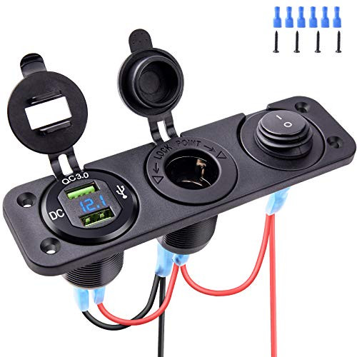MICTUNING 4 in 1 Car Charger Panel 12V Cigarette Lighter Socket and Dual QC3.0 USB Ports with LED Voltmeter Display and ON-OFF Toggle Switch for Car Boat Marine Motorcycle Truck