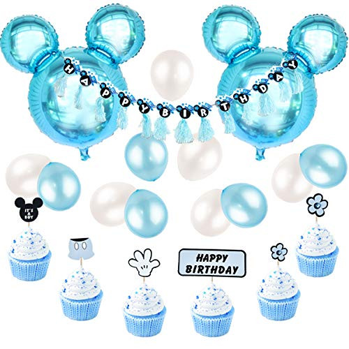 Mickey Mouse Birthday Decorations Blue for Boys, Happy Birthday Banner and Mickey Cupcake Toppers for First Birthday, Baby Shower