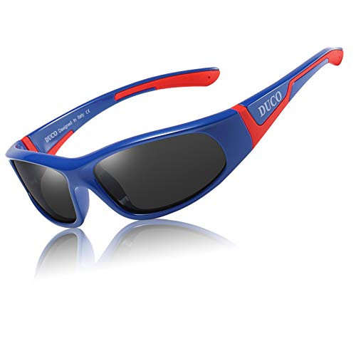 DUCO Kids Sunglasses Boys Sports Sunglasses Youth Polarized Sunglasses For Boys And Girls Age 3-10 With Rubber Flexible Frame Blue Red K001