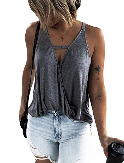 Hilltichu Women's Choker V-Neck Wrap Tank Tops -CharcoalMedium-