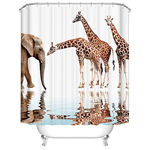 Fangkun Shower Curtain Art Bathroom Decor Animals Giraffe and Elephant Design - Polyester Fabric Bath Curtains Set - 12pcs Shower Hooks - 72 x 72 inches