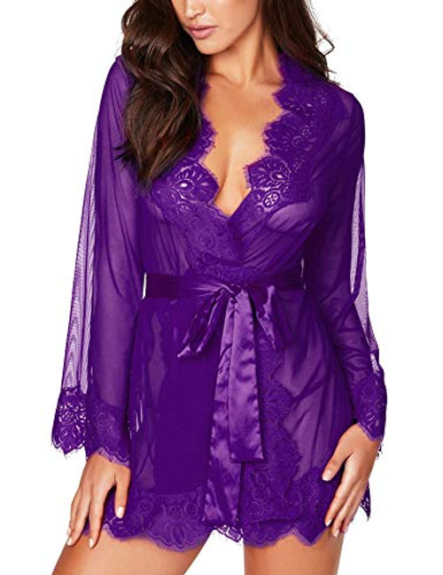 RSLOVE Women Sexy Lingerie Robe Lace Kimono Babydoll Bridal Lingerie Mesh Cover Up Purple L