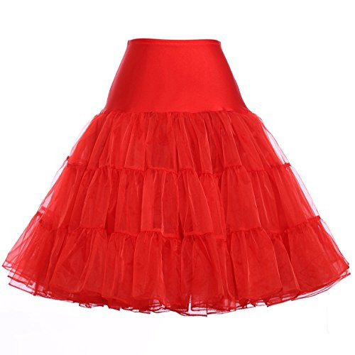 GRACE KARIN Women's Red Petticoat Elastic Band Crinoline Knee Length Underskirt Hoopless Slip Skirts -RedS-