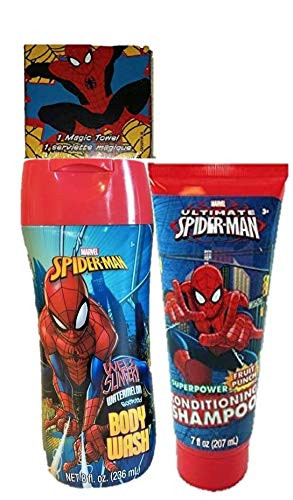 Marvel Ultimate Spiderman 2 in 1 Shampoo Amazing Spider-man Body Wash and 1 Magic Towel 3 Piece Boys Gift Set
