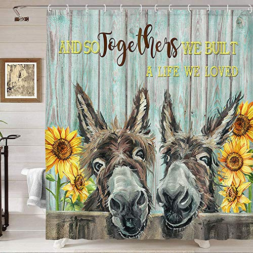 Donkey Shower Curtain Cute Funny Donkey and Rustic Sunflower Floral on Country Wood Fence Bathroom Curtain Farmhouse Animals Donkey Shower Curtain Teal Wood Board Famrhouse Shower Curtain 69X70IN