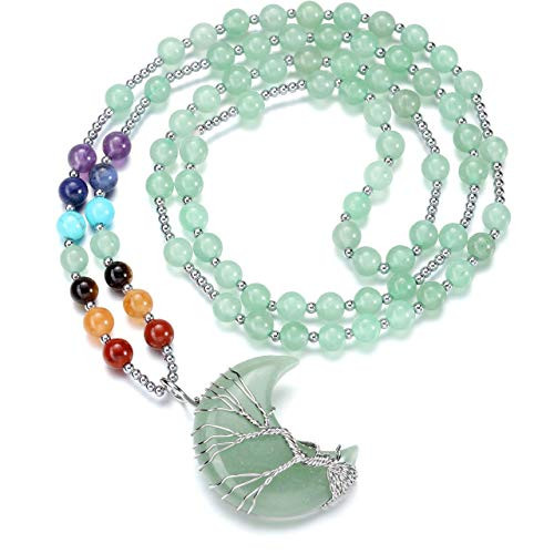 Top Plaza Natural Reiki Healing Crystal Green Aventurine Stone Beads Necklaces Tree of Life Wire Wrapped Gemstone Moon Pendant Necklace Crescent Moon Jewelry for Women