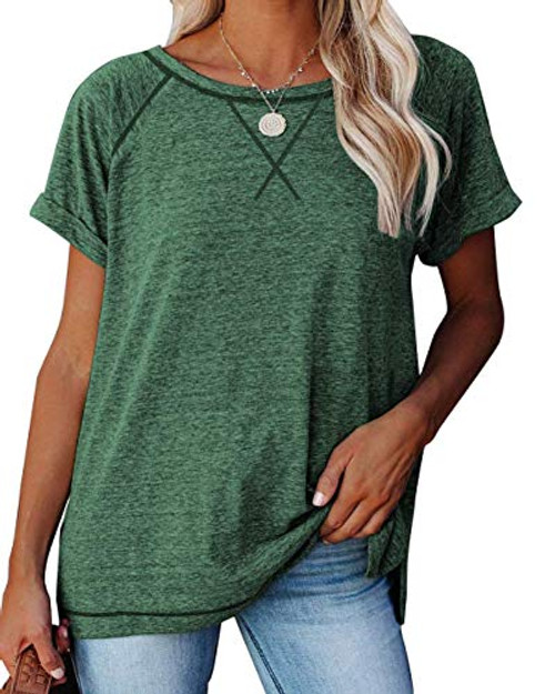 ANFTFH Womens Short Sleeve Casual Tunic Tops Crewneck Color Block Comfy T Shirts Blouses Green M