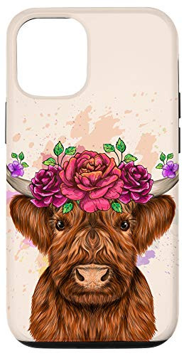 iPhone 12-12 Pro Cute Highland Cow - flower Scottish Mountain Cow Watercolor Case