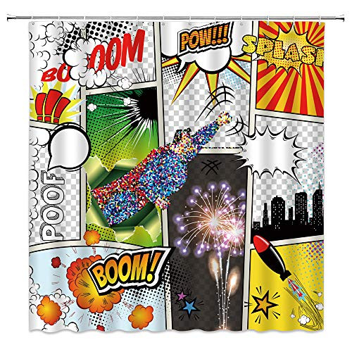 BST Superhero Shower Curtain Colorful Comics Template Fiction Fantasy Retro Speech Bubbles Expressions Bathroom Curtains Decor Polyester Fabric Quick Drying 70x70 Inches Include Hooks