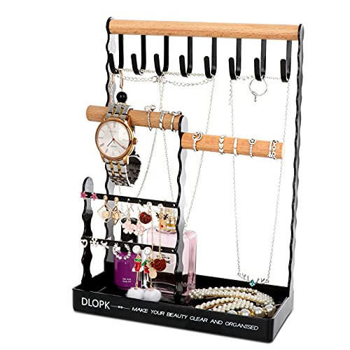 DLOPK Jewelry Organizer Stand Necklace Holder 6-Tier Wooden Ring Organizer Earring Tray Bracelet Holder 8 Hooks Metal Jewelry Stand Desk Organizer Storage Display Necklaces Bracelets Rings Watches -Black- DLOPK Jewelry Organizer Stand Necklace Holder 6-Tier Wooden Ring Organizer Earring Tray Bracelet Holder 8 Hooks Metal Jewelry Stand Desk Organizer Storage Display Necklaces Bracelets Rings Watches -Black-
