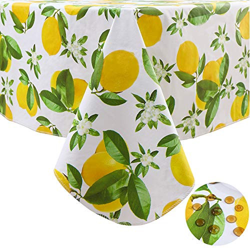 EffortLife Vinyl Flannel Backed Tablecloth Waterproof Oil-Proof Square PVC Table Cloth Stain-Resistant Wipeable Indoor-Outdoor Picnic BBQ and Dining Table Cover -Lemon Square 60 x 60 Inch-