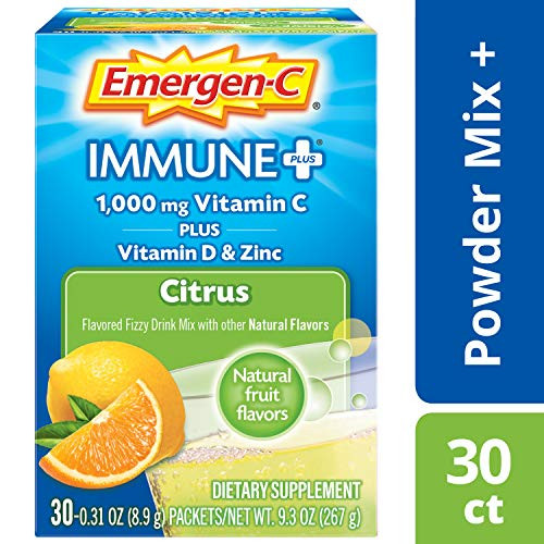 Emergen-C Immune plus Vitamin C 1000mg Powder Plus Vitamin D And Zinc -30 Count Citrus Flavor 1 Month Supply- Immune Support Dietary Supplement Fizzy Drink Mix Antioxidants  and  Electrolytes