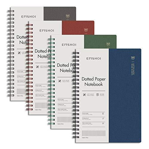 EMSHOI Spiral Dotted Notebook 4 Pack 640 Pages A5 Dotted Grid Journal Notebook Waterproof PVC Hardcover 4 Assorted Colors 100GSM Thick Paper with Free Journal Stencils 5.7" x 8.22"