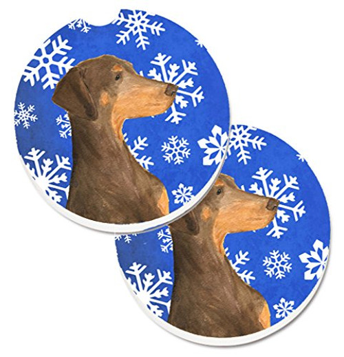 Caroline's Treasures Doberman Winter Snowflakes Holiday Set of 2 Cup Holder Car Coasters SS4617CARC, 2.56, Multicolor