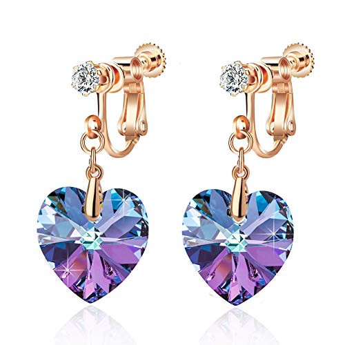 Swarovski Crystal Heart Drop Clip On Dangle Earrings for Women Non Pierced 14K Rose Gold Plated Hypoallergenic Jewelry -Vitrail Light-
