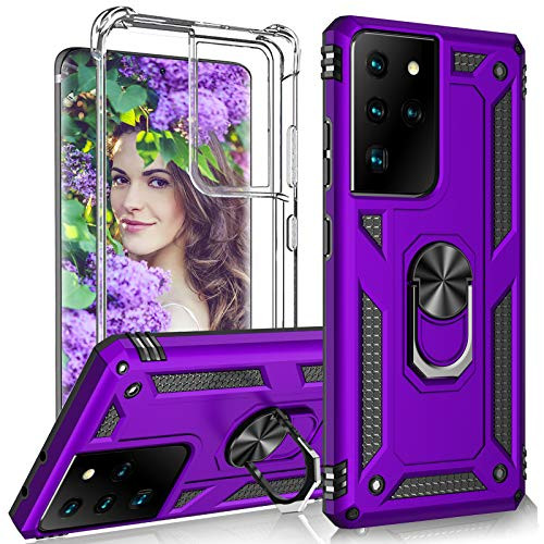 Galaxy S21 Ultra Rugged Case  plus S21 Ultra Clear Case Compatible with Samsung Galaxy S21 Ultra 5G Case Military-Grade Shockproof Protective Cover for Samsung S21 Ultra with Kickstand Ring -Purple-