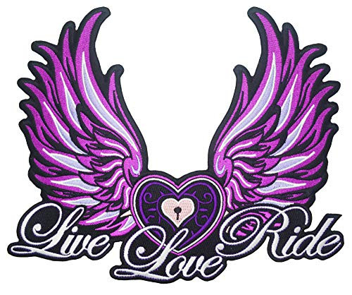 Lady Rider Women Biker Angel Wings"Live Love Ride" Embroidered Large Back Patch for Motorcycle Vest Jacket -Violet-