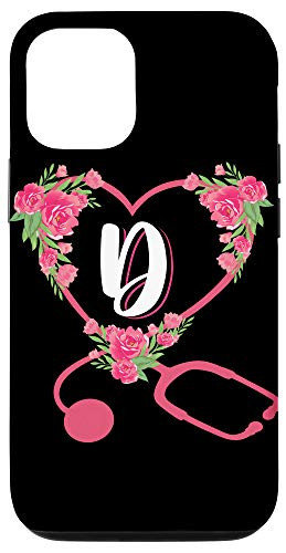 iPhone 12-12 Pro Rose Heart Stethoscope Nursing Floral D Nurse Initial Letter Case