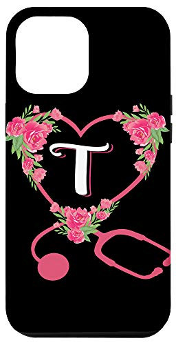 iPhone 12 Pro Max Stethoscope Heart Floral Monogram T Nurse Initial Letter Case