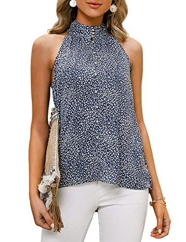imesrun Womens Mock Neck Tank Tops Leopard Print Sleeveless Button Down Blouse Shirts Blue XXL