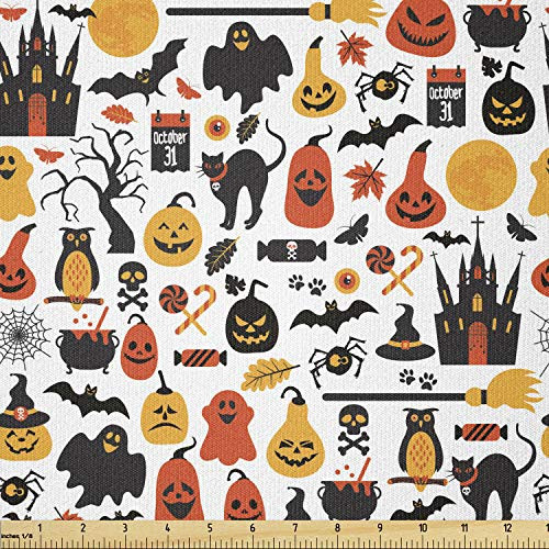 Lunarable Halloween Fabric by The Yard Halloween Group Candies Owls Castles Ghosts October 31 Theme Stretch Knit Fabric for Clothing Sewing and Arts Crafts 1 Yard Yellow Orange
