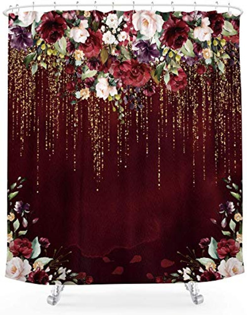 LIGHTINHOME Red Floral Shower Curtain Burgundy Flower Rose Golden Glitter Wedding Bridal Elegant Fabric Waterproof Bathroom Home Decor Set 72x72 Inch 12 Plastic Hooks LIGHTINHOME Red Floral Shower Curtain Burgundy Flower Rose Golden Glitter Wedding Bridal Elegant Fabric Waterproof Bathroom Home Decor Set 72x72 Inch 12 Plastic Hooks