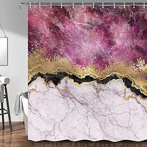 JAWO Marble Shower Curtain Pink Gold Texture Modern Luxury Marble with Glitter Golden Cracked Lines Bathroom Curtain Waterproof Fabric Decor Shower Curtain for Bathroom with Hooks