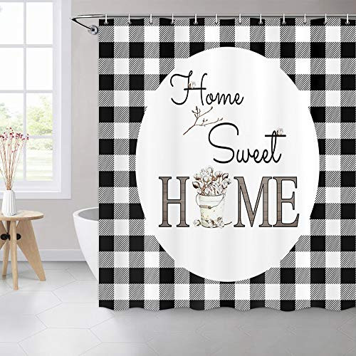 MERCHR Black White Buffalo Check Plaid Funny Shower Curtain Farmhousre Floral Decor Shower Curtains for Bathroom Country Flowers Polyester Bathroom Curtains with Hooks 72 X 72 Inch