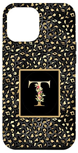 iPhone 12 Pro Max Modern Monogram Initial Letter T Black Leopard Pattern Case
