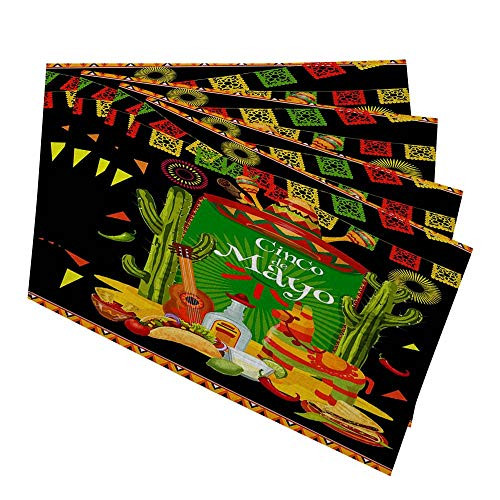 HOSNYE Cinco De Mayo Place Mats Festive Fiesta Party Traditional Mexican Holiday Table Mats Set of 4 Indoor Washable Placemats for Dining Table Fabric Place Mat