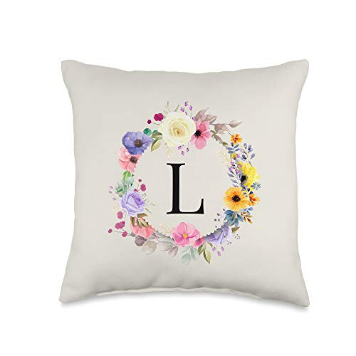 Monogram Letter Initial Designs Gifts Personalized Floral Initial letter L Flower Monogram Throw Pillow 16x16 Multicolor