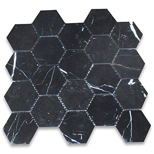 Stone Center Online Nero Marquina Black Marble 3 inch Hexagon Mosaic Tile Honed for Kitchen Backsplash Bathroom Flooring Shower Surround Dining Room Entryway Corrido Spa -1 Sheet-