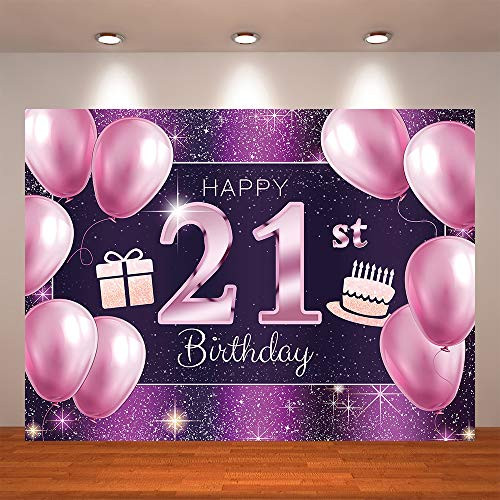 Crefelicid 7x5ft Happy 21st Purple Birthday Backdrop Girls 21 Bday Background Birthday Photo Booth Party Cake Table Photography Decorations Supplies