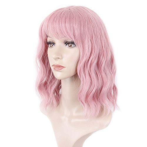 Aideshair short pink wig with bangs women's curly wave synthetic cosplay girl colorful wig -pink-