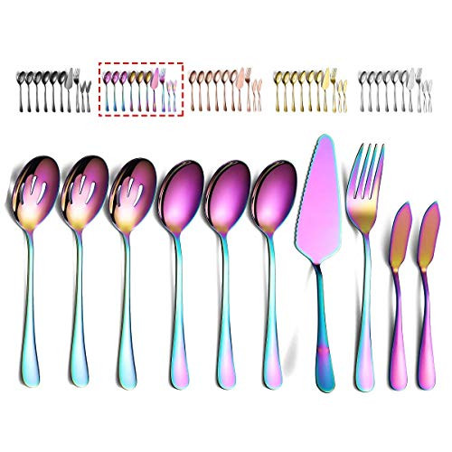 Rainbow Serving Spoons 10 Pieces Kyraton Serving Utensils Serving Set Include 3 Serving Spoon 3 Slotted Spoon 1 Serving Fork 1 Cake Server 2 Butter Knife Spreaders