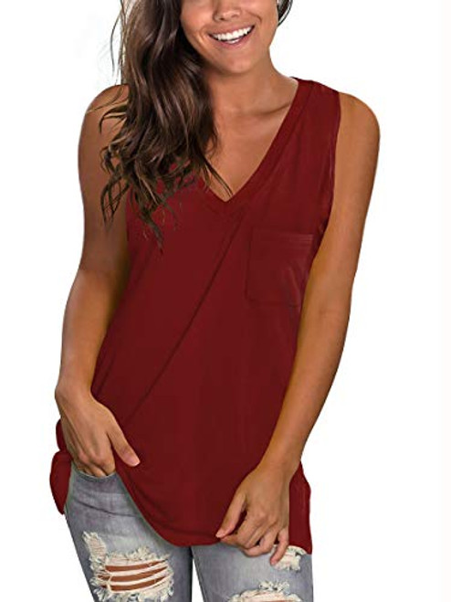 SAMPEEL Wine Red Tank Tops for Women V Neck Casual Summer Sleeveless Tee Shirts Pocket M