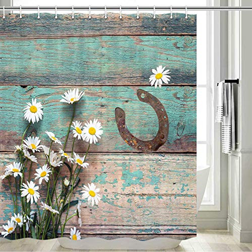 Rustic Shower Curtain Rusty Horseshoe Daisy Old Barnwood Western Fabric Bathroom Curtain with Hooks Country Farmhouse Style Artwork Retro Teal Bathroom Decor Rustic Shower Curtain -69" W by 70" L-