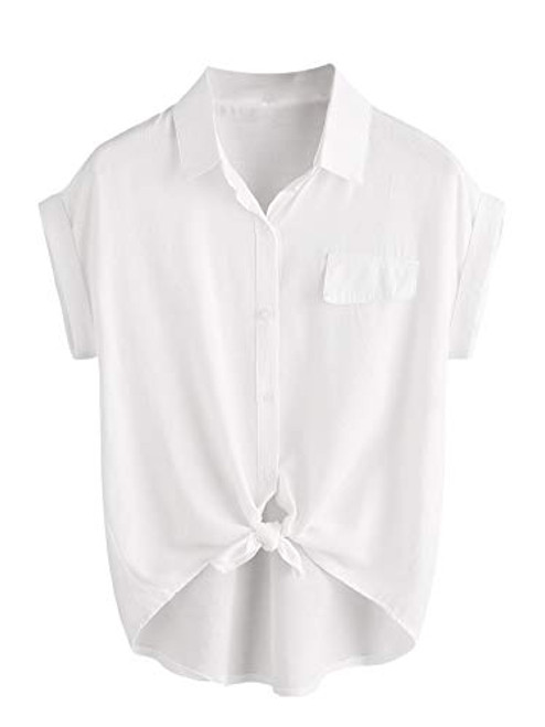 WDIRARA Women's Button Tie Front Short Sleeve Shirt Casual Collar Blouse Top White L