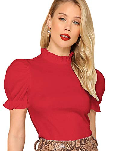 Floerns Women's Frill Neck Puff Sleeve Solid Tee Blouse Tops B Red S