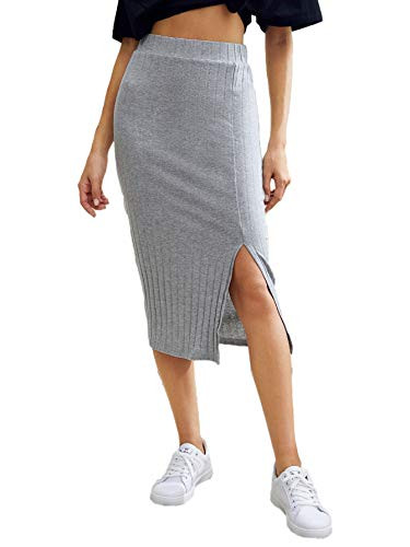 SheIn Women's Basic Plain Ribbed Knit Split Stretchy Pencil Bodycon Midi Skirt Grey Medium