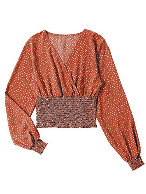 LYANER Women's V Neck Shirred Polka Dots Long Sleeve Frill Crop Blouse Shirt Tops Orange Large LYANER Women's V Neck Shirred Polka Dots Long Sleeve Frill Crop Blouse Shirt Tops Orange Large