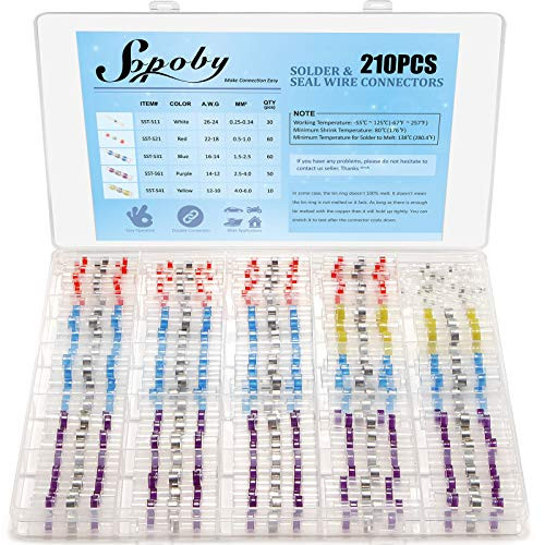 Sopoby 210PCS Solder Wire Connectors Self-Solder Heat Shrink Butt Connector Waterproof Insulated Electrical Butt Splice Wire Terminals for Automotive Boat Truck Stereo Wire Joint-5 Colors-5 Sizes-