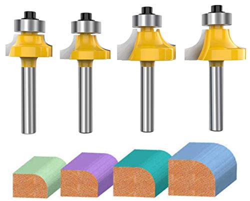 1-4 Inch Shank Roundover Edging Router Bit Set Aplus Corner Rounding Edge Forming Bit Set Woodworking Milling Cutter Tools 1-8" 1-4" 3-8" 1-2" Radius -4 Pack-