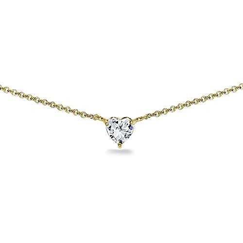 Yellow Gold Flashed Sterling Silver 6mm Heart Choker Necklace Made with AAA Cubic Zirconia