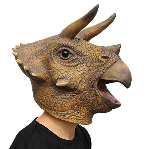 PartyHop - Triceratops Mask - Halloween Latex Animal Head T-Rex Jurassic Dinosaur Mask Brown