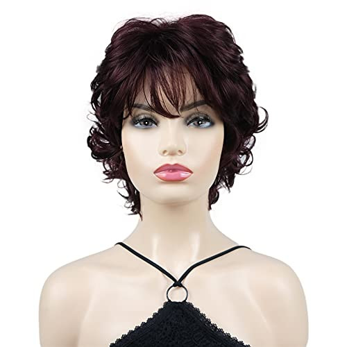 Wiginway Synthetic Wigs Short Curly Dark Red Wigs Women's Curly Ends Short Fiber Wig With Layered Bangs 7 Colors