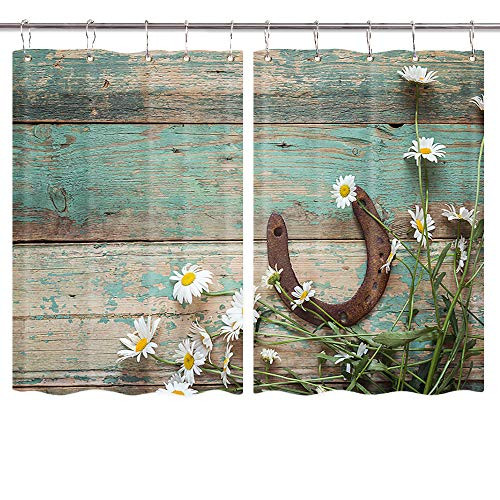 JAWO Horseshoe Kitchen Curtain Rusty Horseshoe and Daisies on Rustic Old Barn Wood House Decor Curtains for Kitchen Window Curtains for Bathroom Shower Window Curtain Metal Hooks Include 55X39 in