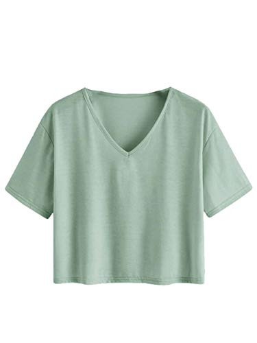 Romwe Women's Plus Size Casual Summer Short Sleeve V Neck Crop Tee Shirts Tops Mint Green 1 Plus